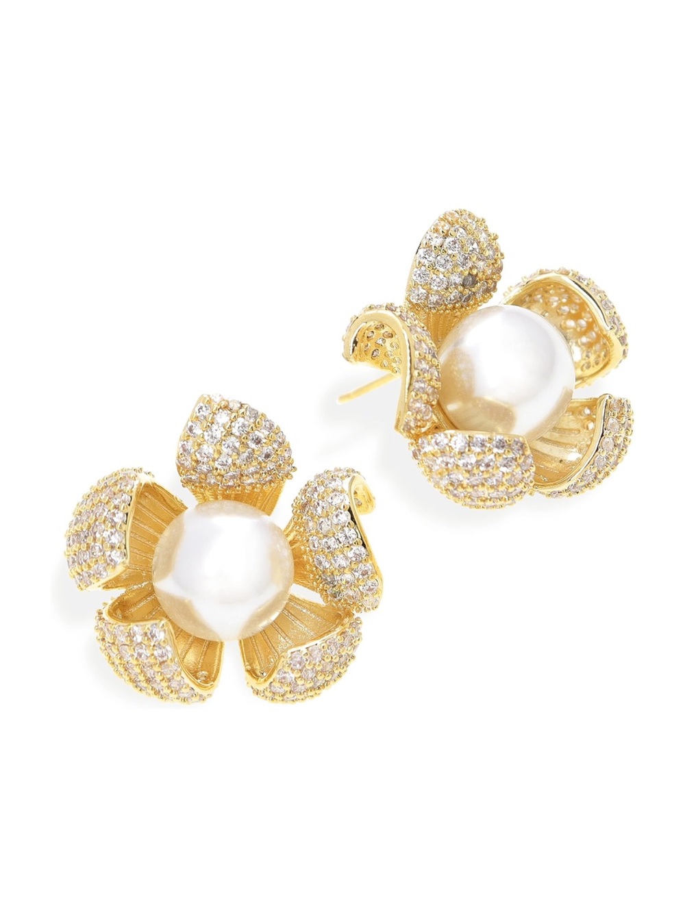 Gold Pearl Floral Stud Earrings - Elegant Women's Jewelry